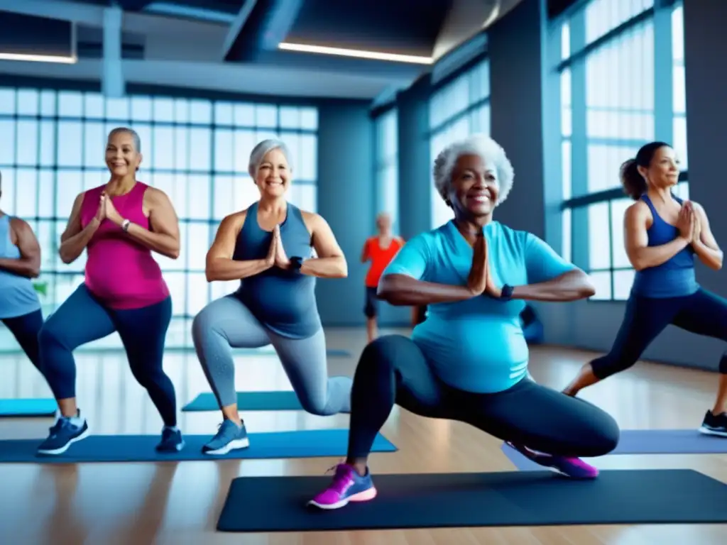 Un grupo de adultos mayores realizando actividades físicas con ropa deportiva de alta tecnología en un gimnasio moderno, transmitiendo vitalidad y longevidad.