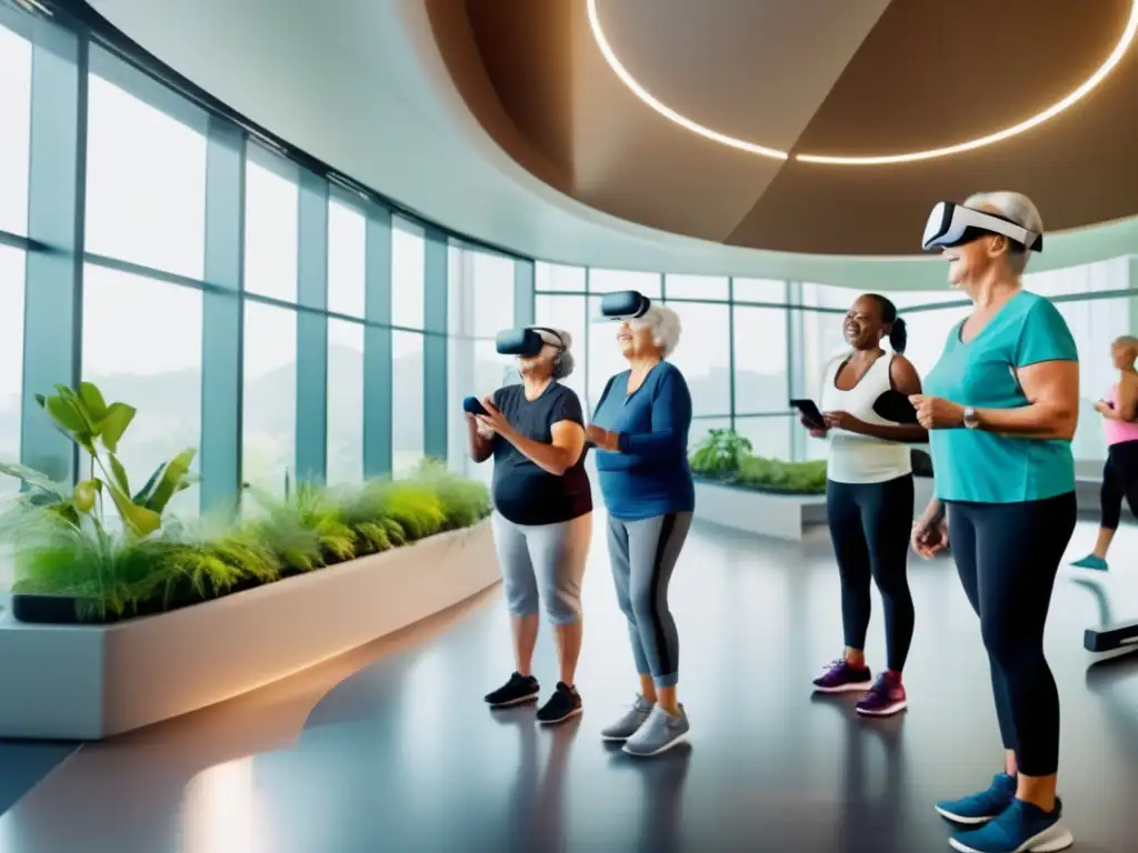 Un grupo de adultos mayores disfruta de actividades fitness de alta tecnología en un centro futurista, mostrando la integración de tecnología en el envejecimiento saludable. <b>Retiros HighTech para longevidad saludable.