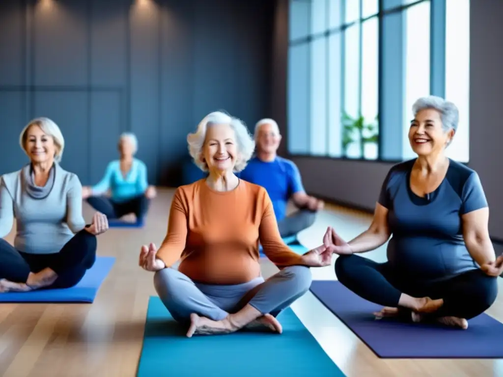 Un grupo de adultos mayores participando en actividades de bienestar como yoga, meditación y ejercicios asistidos por tecnología en un moderno centro de vanguardia diseñado para promover la longevidad y el bienestar. La imagen dinámica captura la esencia de programas innovadores para una vida más larga.