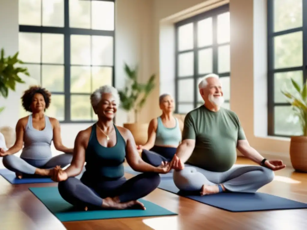 Un grupo de adultos mayores activos y diversos participando en una clase de yoga en un estudio iluminado por el sol, con expresiones pacíficas. El estudio está lleno de plantas verdes exuberantes y las grandes ventanas permiten que la luz natural inunde el espacio, creando una atmósfera serena y acoged