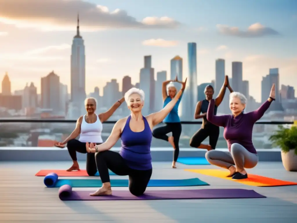 Un grupo de adultos mayores activos practicando yoga en una terraza moderna bañada por el sol, con vista a la ciudad. <b>Los colores vibrantes de sus esterillas resaltan en contraste con los tonos neutros del lugar, creando una imagen impactante.</b> Los adultos mayores realizan diversas posturas de yoga, irradiando