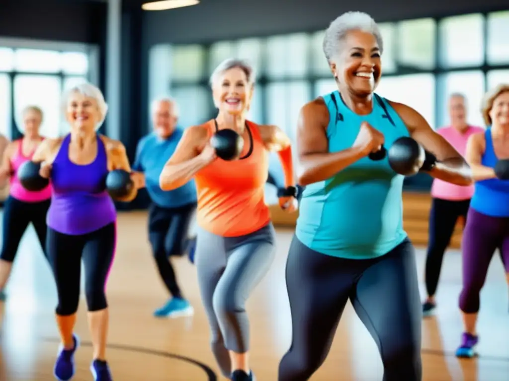 Un grupo de adultos mayores activos disfruta de una clase de entrenamiento de intervalos de alta intensidad en un gimnasio luminoso y espacioso. <b>Los hombres y mujeres de 60 y 70 años participan con entusiasmo, utilizando varios equipos de fitness.</b> <b>El instructor joven y enérgico lidera la clase.</b> El diseño modern