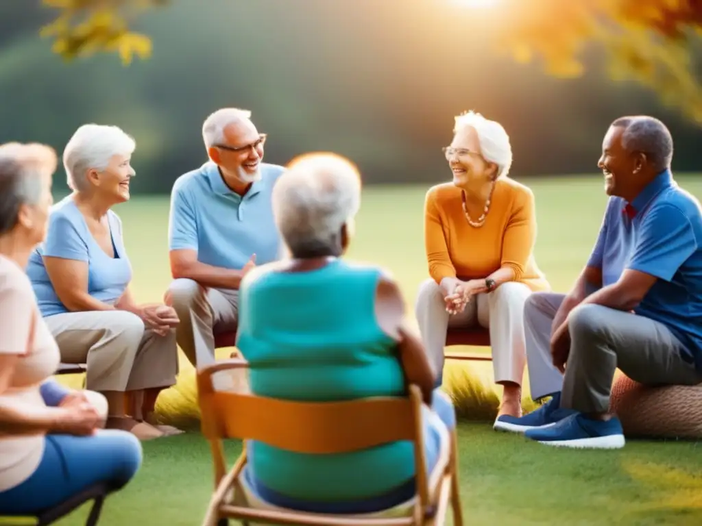 Un grupo de adultos mayores participa en una animada discusión al aire libre, con un coach facilitando la conversación. La cálida luz del sol ilumina sus rostros sonrientes, mientras que los colores vibrantes de la naturaleza brindan un telón de fondo sereno. La imagen transmite la esencia de