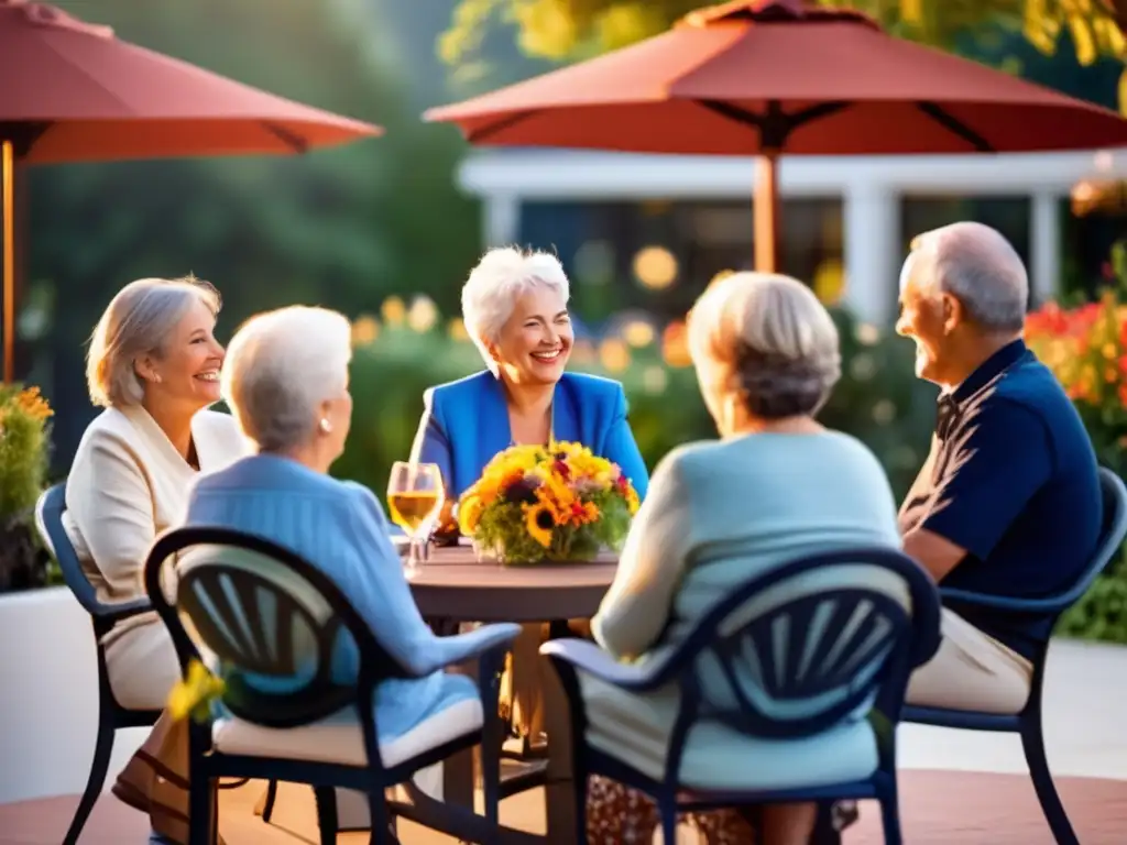 Un grupo de adultos mayores disfruta de una cálida conversación al atardecer en un patio, creando un ambiente de conexión y apoyo. <b>Ideal para el coaching para mejorar relaciones sociales en vejez.