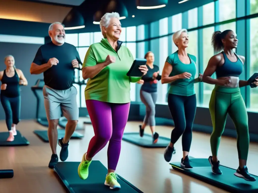 Un grupo de adultos mayores participando en una clase de fitness de alta tecnología, usando tecnología de salud avanzada y ejercitándose en un gimnasio moderno con equipos de última generación y pantallas interactivas que muestran datos de salud y planes de entrenamiento personalizados. La habitación está llena de luz natural y plant