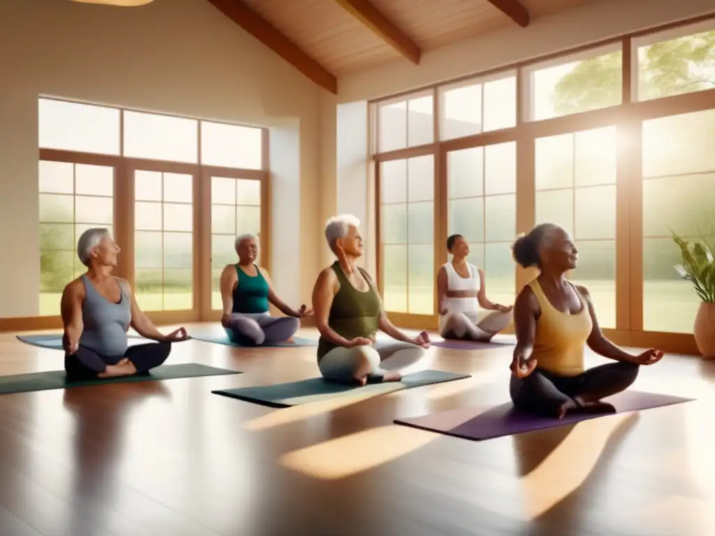 Un grupo de adultos mayores diversos participando en una clase de yoga en un estudio sereno y soleado con grandes ventanas que dan a un exuberante paisaje verde. <b>Los participantes están realizando diferentes posturas de yoga, irradiando una sensación de paz y vitalidad.</b> El ambiente es moderno y acogedor, con líneas limpias