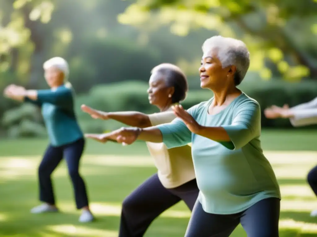 Un grupo de adultos mayores disfruta de una clase de tai chi en un entorno natural, transmitiendo vitalidad y paz. <b>Retiros para una vida longeva.