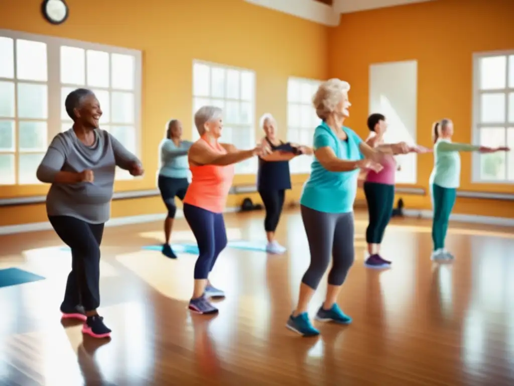 Un grupo de adultos mayores participa en una clase de aeróbicos de bajo impacto en un gimnasio luminoso, con la instructora liderando desde el centro. <b>La habitación está llena de luz natural y motivación.</b> Los participantes están vestidos con ropa deportiva cómoda y se les ve determinados y alegres mientras particip