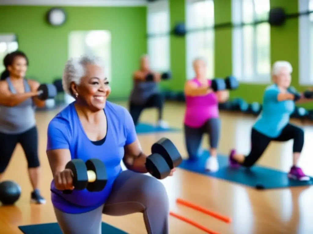 Un grupo de adultos mayores participando en una clase de entrenamiento con resistencia, guiados por un instructor experto en un estudio de fitness luminoso. <b>Rutinas de ejercicio para prevenir sarcopenia.