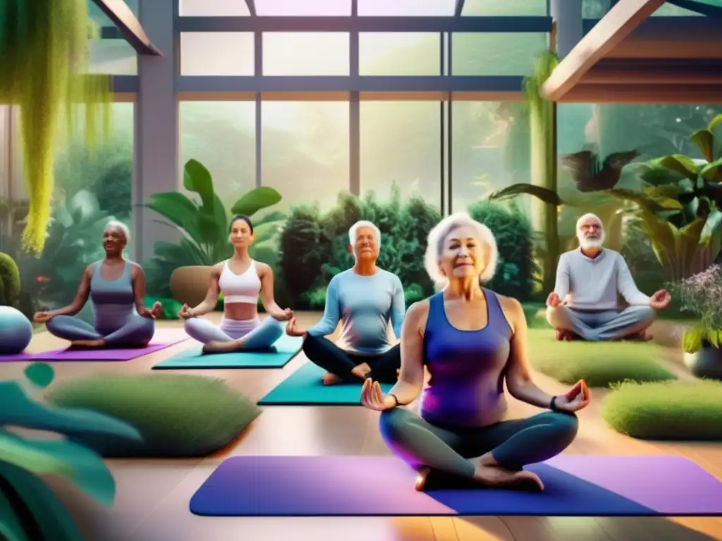 Un grupo de adultos mayores diverso practica yoga en un jardín futurista, con plantas genéticamente modificadas y hologramas. La atmósfera es armoniosa, progresiva y enfocada en estrategias personalizadas de coaching para la longevidad.