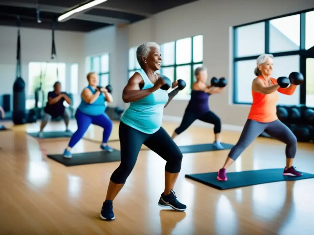 Un grupo de adultos mayores diversos se ejercita en un estudio de fitness luminoso y espacioso, exudando energía vibrante y determinación. La atmósfera irradia positividad, empoderamiento y fomenta la palabra clave 'mejorar calidad de vida envejecimiento'.