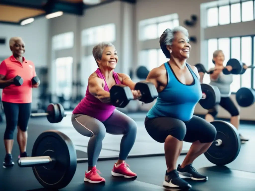 Un grupo de adultos mayores realiza ejercicios de entrenamiento con pesas para longevidad saludable en un gimnasio luminoso y espacioso, exudando empoderamiento y dedicación a la salud física.