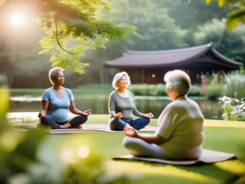 Un grupo de adultos mayores disfruta de una sesión de meditación en un entorno natural sereno. Retiros para una vida longeva