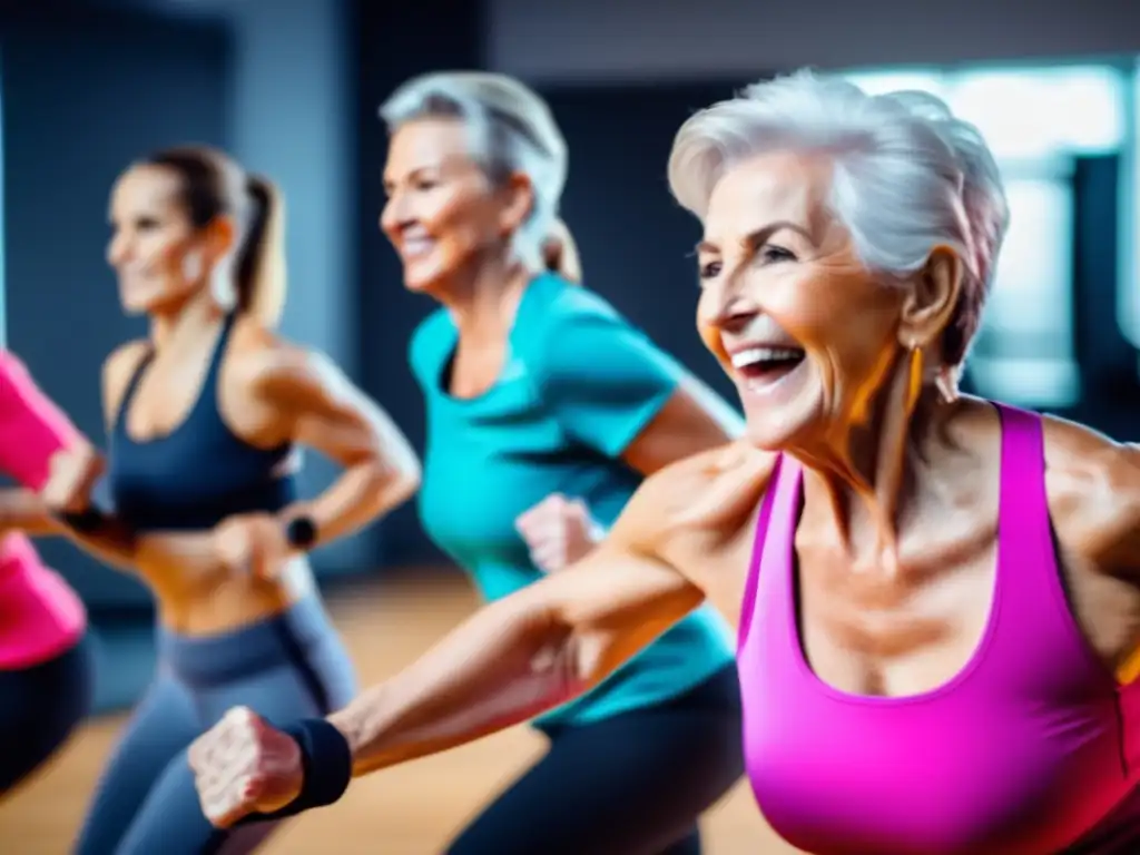 Un grupo de adultos mayores participa en un entrenamiento de alta intensidad en un moderno estudio de fitness, irradiando vitalidad y determinación. Entrenamientos para longevidad activa en un ambiente positivo y empoderador.