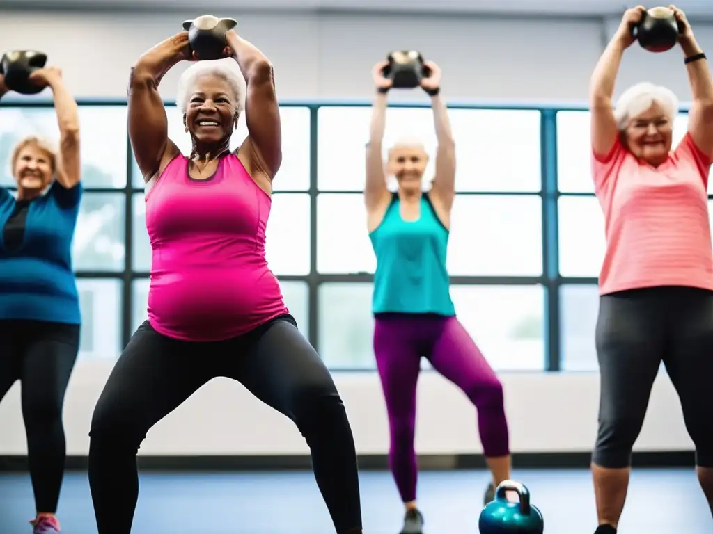 Un grupo de adultos mayores realizando un entrenamiento con kettlebells para longevidad, guiados por un instructor en un gimnasio luminoso y espacioso. Forma, determinación y energía se combinan en esta escena de fortalecimiento.