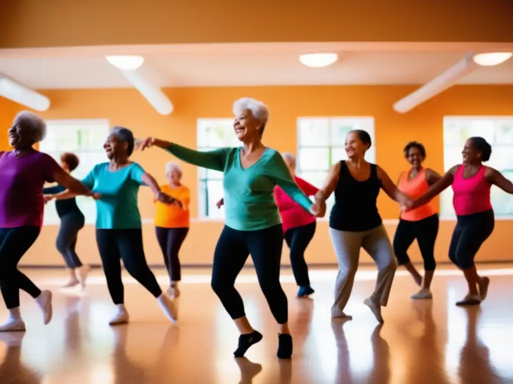 Un grupo de adultos mayores se mueve con gracia al ritmo de la música en un amplio estudio de danza iluminado. <b>Reflejados en grandes espejos, transmiten alegría y vitalidad al practicar danzaterapia para longevidad y vitalidad.