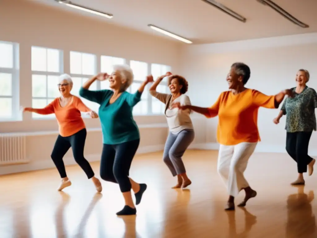 Un grupo de adultos mayores baila con gracia y alegría en un estudio luminoso, expresando vitalidad y longevidad con danzaterapia.