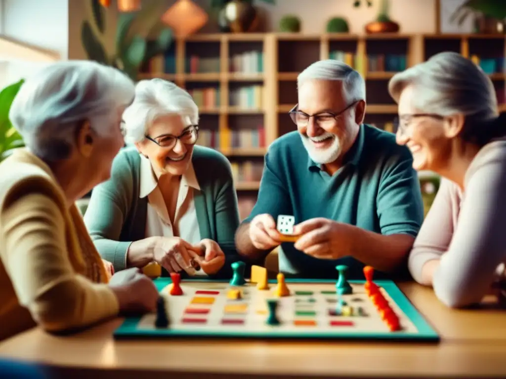 Un grupo de adultos mayores disfruta de un juego de mesa, mostrando concentración y alegría. El ambiente acogedor y luminoso transmite el efecto positivo de la integración social en adultos mayores.