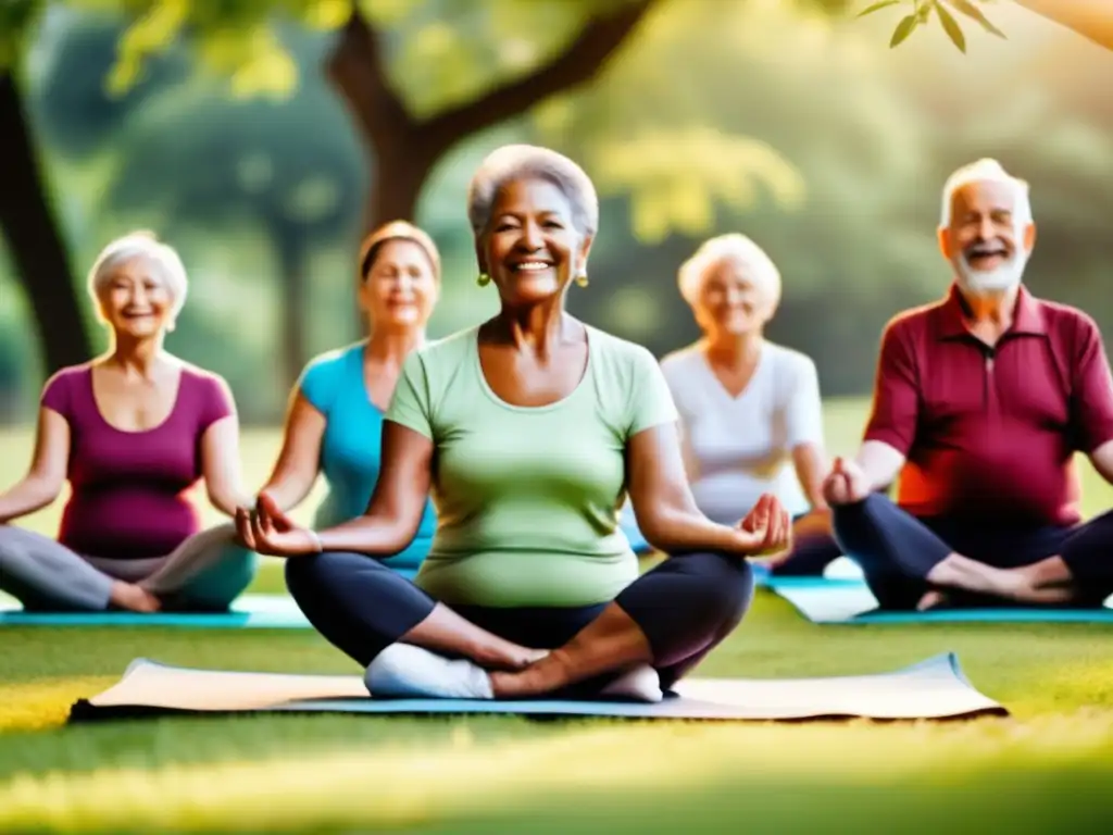 Un grupo de adultos mayores practica yoga en un parque verde y soleado, irradiando vitalidad y serenidad. <b>Función de las sirtuinas en longevidad.