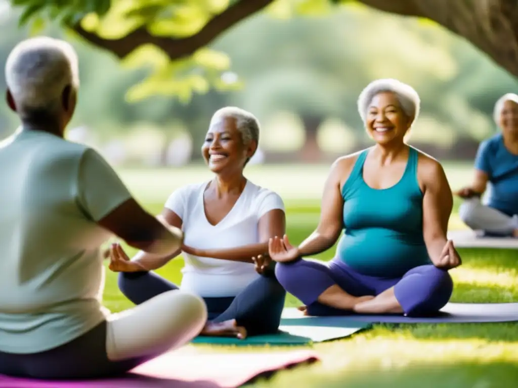 Un grupo de adultos mayores participa en un programa de bienestar al aire libre, practicando yoga, tai chi y meditación bajo un gran árbol. La atmósfera serena y la interacción entre ellos reflejan la longevidad y la comunidad.