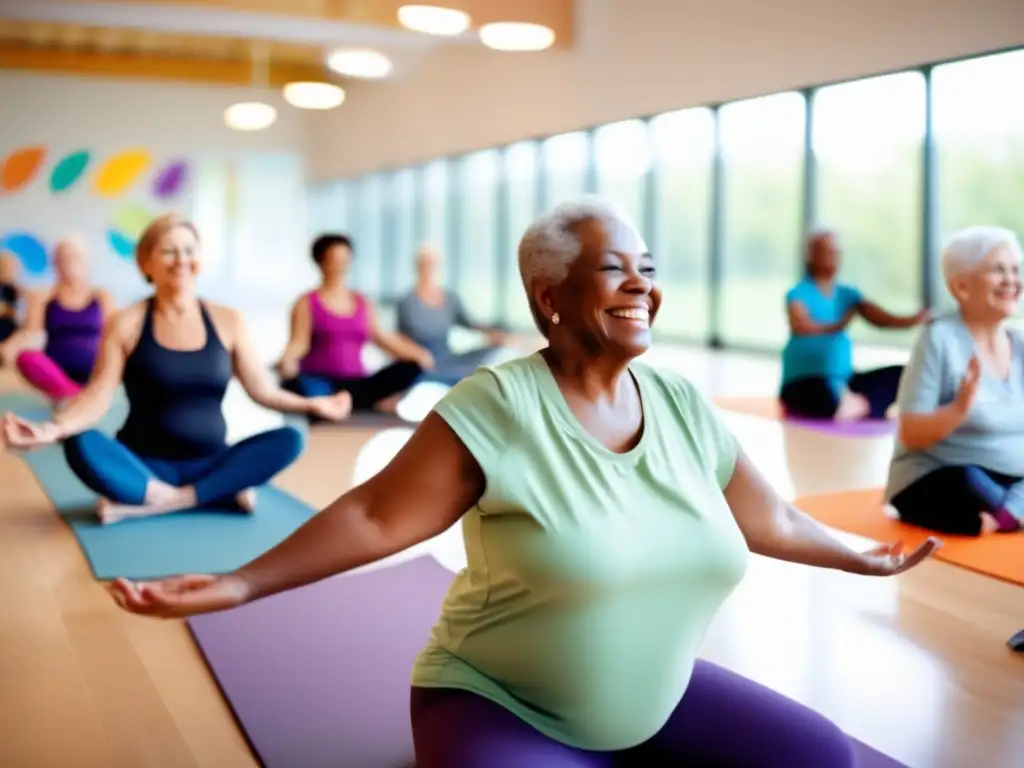 Un grupo de adultos mayores participando en un programa personalizado de bienestar. <b>Realizan actividades como yoga, meditación y ejercicio en un ambiente moderno y luminoso.</b> El instructor guía con compasión y experiencia, creando una atmósfera cálida y acogedora.