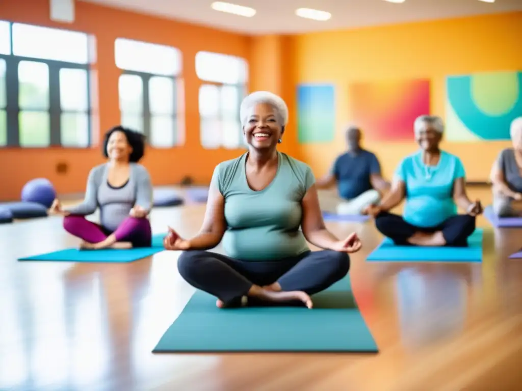 Un grupo de adultos mayores disfruta de programas personalizados de bienestar en un centro comunitario luminoso y espacioso, participando en actividades de yoga, meditación y socialización. La atmósfera es cálida y acogedora, con una sensación de comunidad y apoyo mutuo.