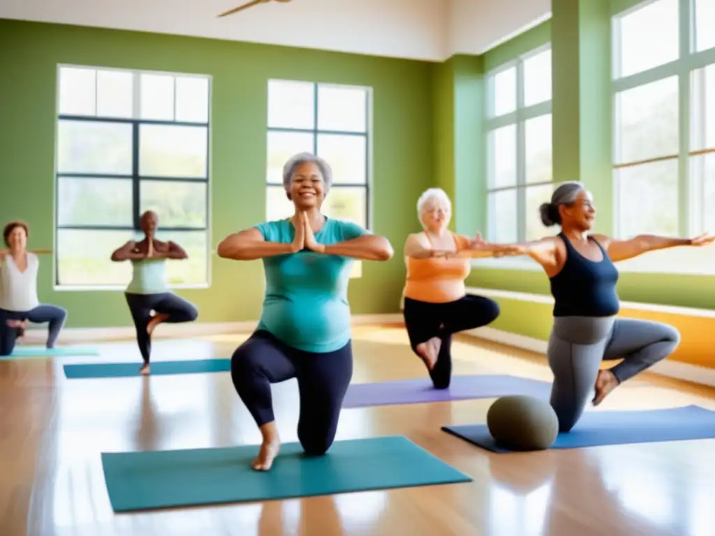 'Grupo de adultos mayores disfrutando de programas de bienestar para longevidad en un estudio luminoso, practicando yoga y meditación en un ambiente sereno y vitalizante.'