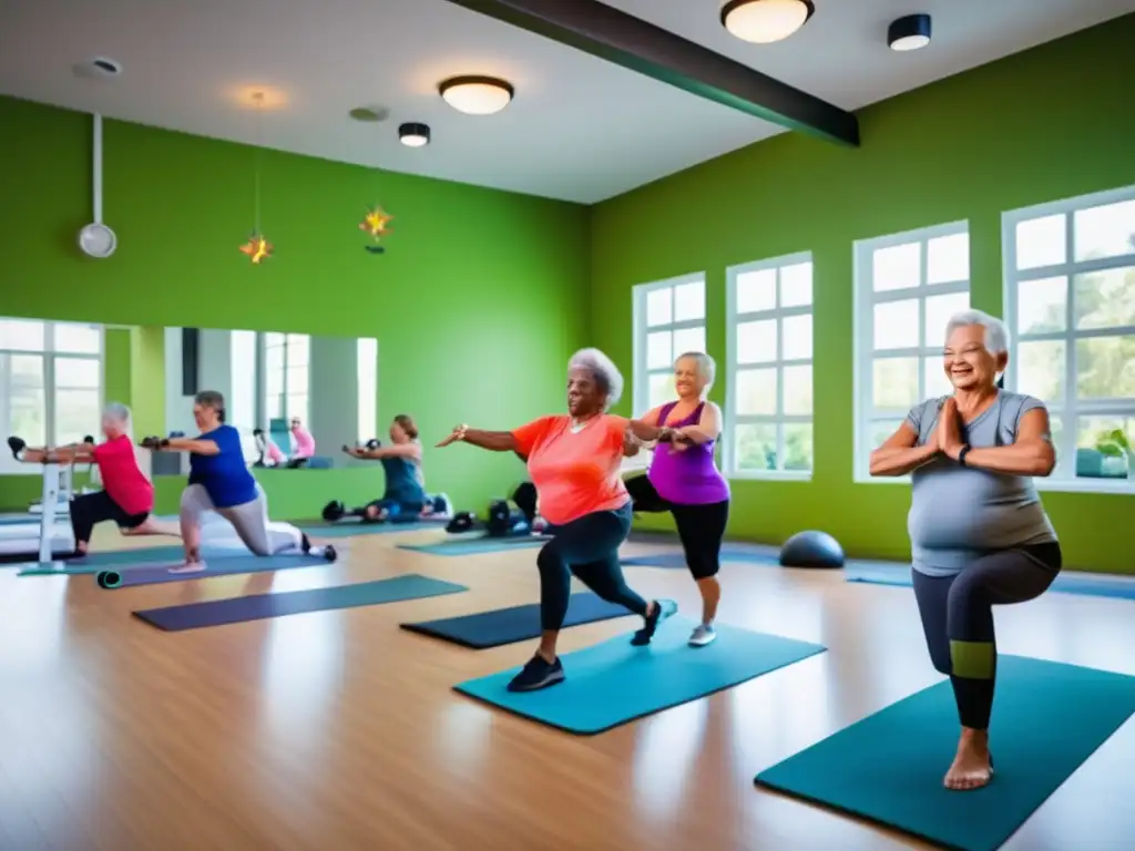 Un grupo de adultos mayores participa en programas innovadores para una vida más larga, rodeados de equipo de ejercicio y monitoreo de salud de vanguardia. <b>Se encuentran realizando diversas actividades como yoga, levantamiento de pesas y ejercicios cardiovasculares, bajo la supervisión de instructores expertos.</b> La habitación está l