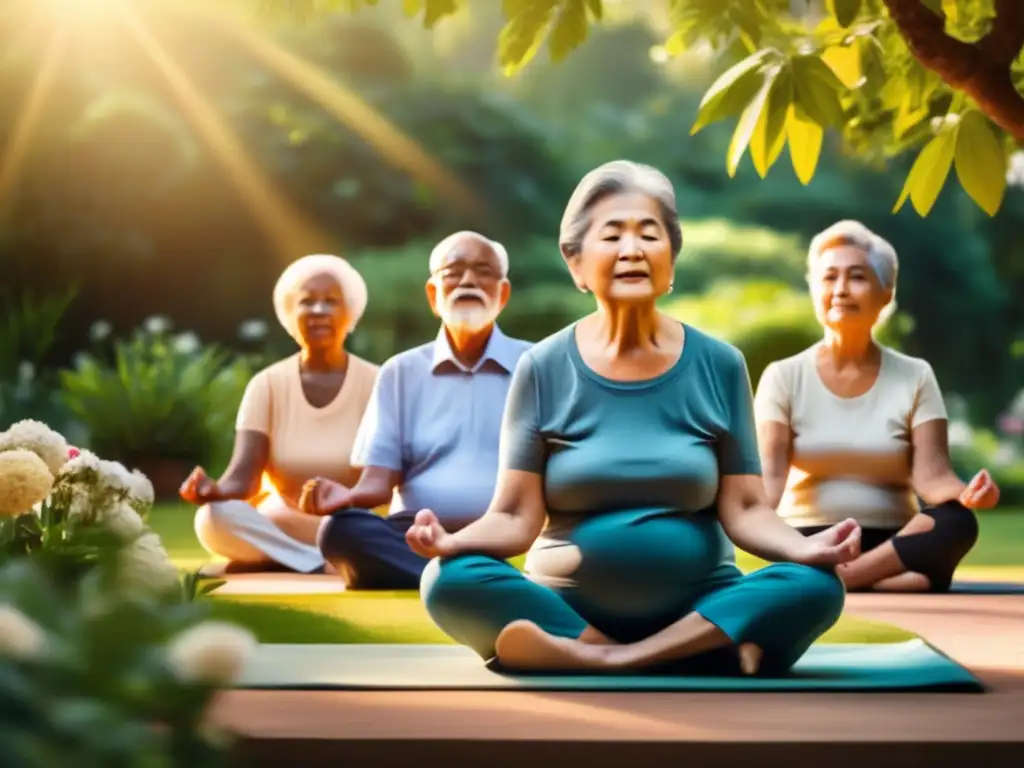 Un grupo de adultos mayores practica meditación en un jardín sereno y exuberante, irradiando paz y resiliencia. <b>Desarrollar resiliencia psicológica en la tercera edad.