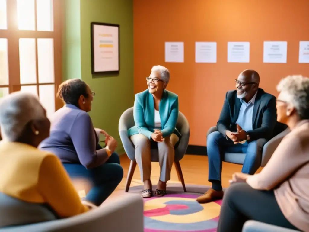 Un grupo de adultos mayores diversos participa en una sesión de psicología positiva, creando un ambiente cálido y acogedor. La imagen transmite la importancia de la psicología positiva en el envejecimiento, con conexiones emocionales y empoderamiento.