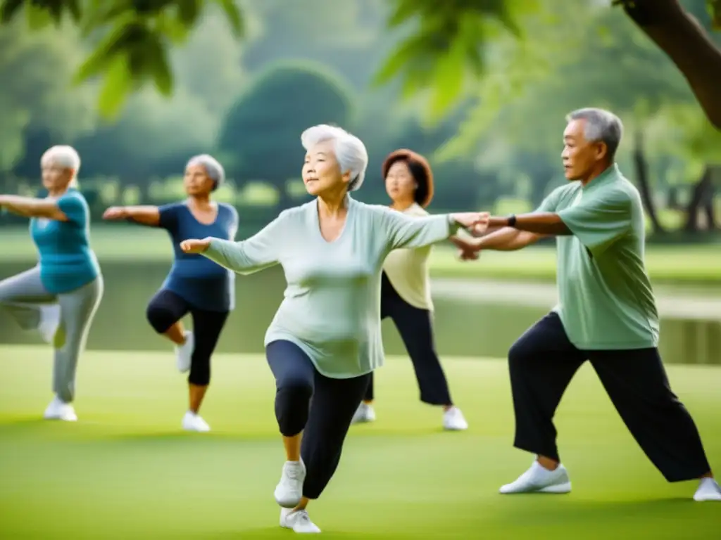 Un grupo de adultos mayores disfruta de una sesión de tai chi en un parque sereno con árboles verdes exuberantes y un tranquilo estanque al fondo. <b>Sus expresiones concentradas transmiten paz interior.</b> Los movimientos suaves del tai chi se capturan con detalle, resaltando la gracia y fluidez de la