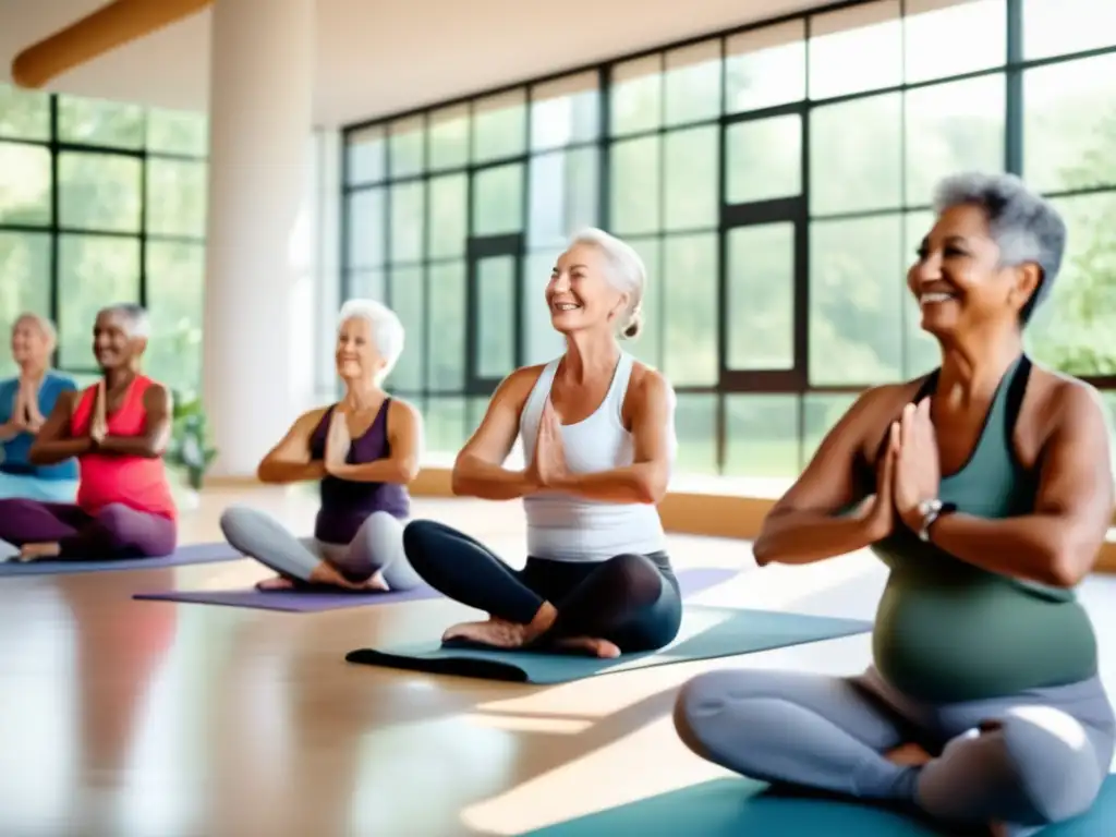 Un grupo de adultos mayores sonrientes participa en una clase de yoga en un estudio luminoso y aireado, rodeado de exuberante vegetación. <b>El instructor guía suavemente a través de estiramientos y posturas, creando una atmósfera de tranquilidad y bienestar.</b> Los adultos mayores visten ropa deportiva moderna