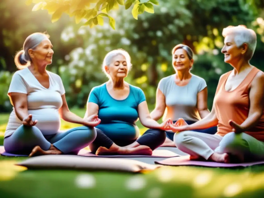 Un grupo de adultos mayores practica técnicas de afrontamiento emocional en un jardín sereno, transmitiendo calma y paz interior.