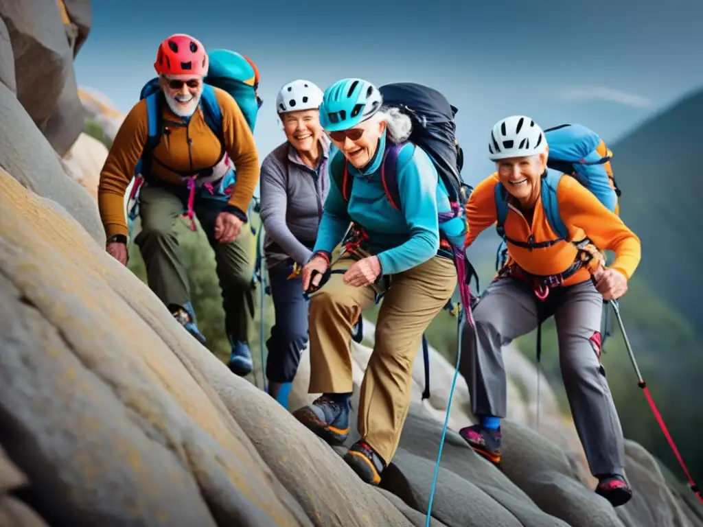 Un grupo de adultos mayores escalando con determinación. <b>La vibrante ropa de escalada contrasta con los tonos terrosos de la roca.</b> <b>Beneficios escalada para longevidad.