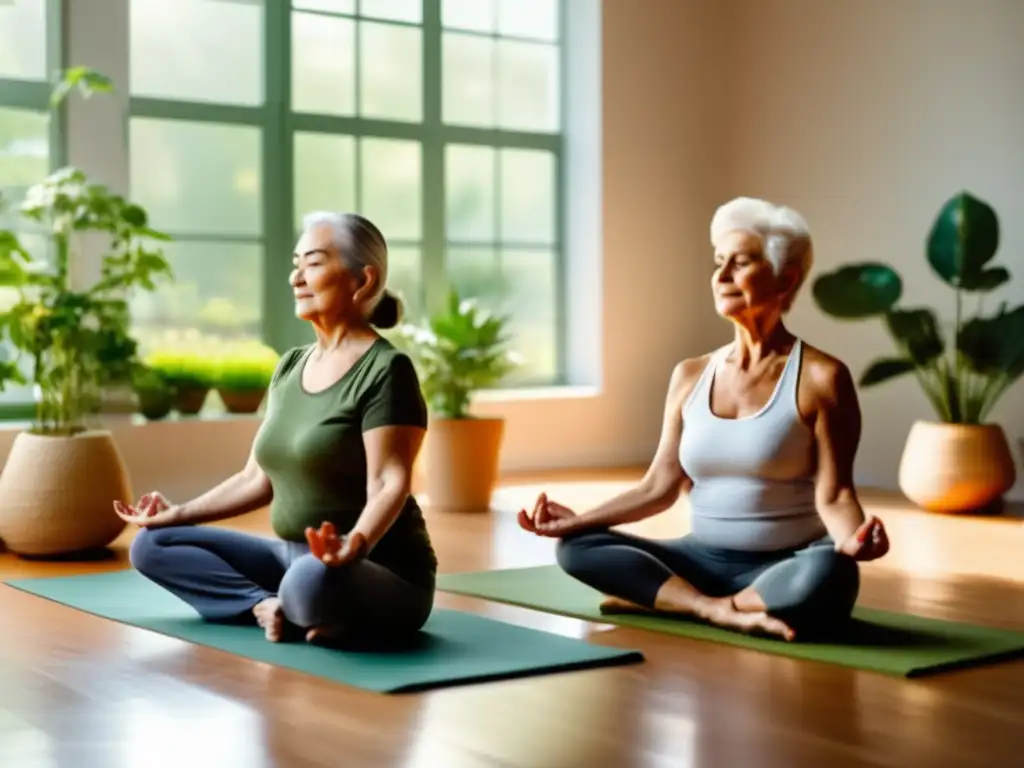 Un grupo de adultos mayores practicando yoga en un estudio iluminado por el sol, con plantas verdes vibrantes en el fondo, creando una atmósfera serena y meditativa. Los adultos mayores están comprometidos en varios ejercicios de mindfulness, irradiando paz y contentamiento mientras se enfocan en su práctica.