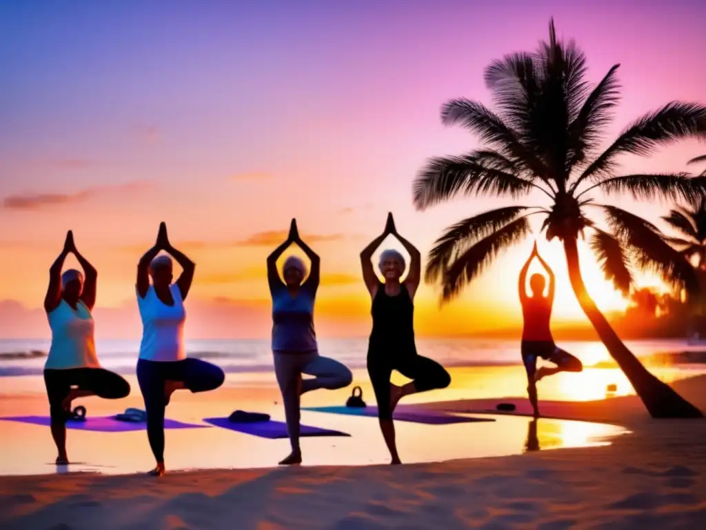 Un grupo de adultos mayores practicando yoga al amanecer en una playa serena, mostrando una vejez resiliente que se adapta a los cambios de la vida.