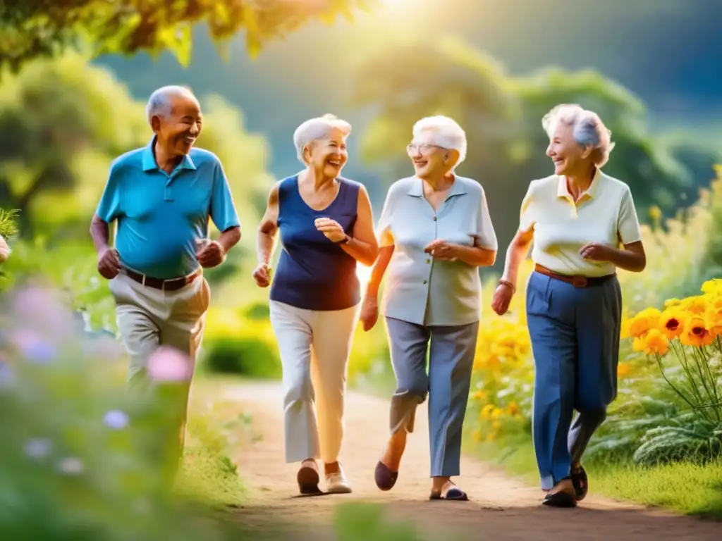 Un grupo de ancianos disfrutando de actividades al aire libre bajo la cálida luz del sol, rodeados de exuberante vegetación y flores vibrantes. <b>El cielo azul claro crea una atmósfera serena y pacífica, realzando la vitalidad y el bienestar.</b> La imagen transmite la positiva relación