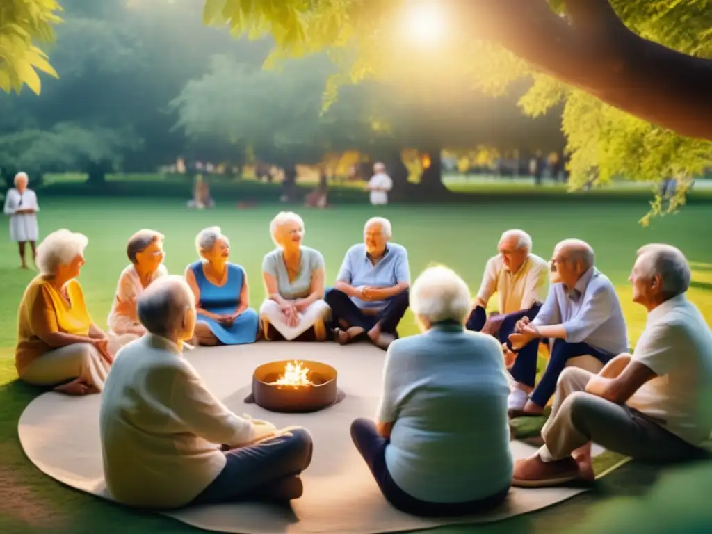 Un grupo de ancianos disfruta de una animada charla y música clásica en un entorno natural, reflejando los beneficios de la música en longevidad.