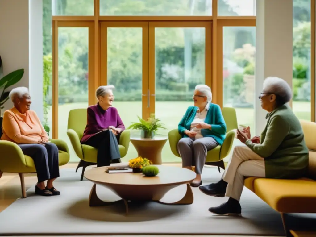 Un grupo de ancianos participa en una animada discusión en una sala moderna con vista a un jardín. Refleja la autonomía en tratamientos de longevidad.