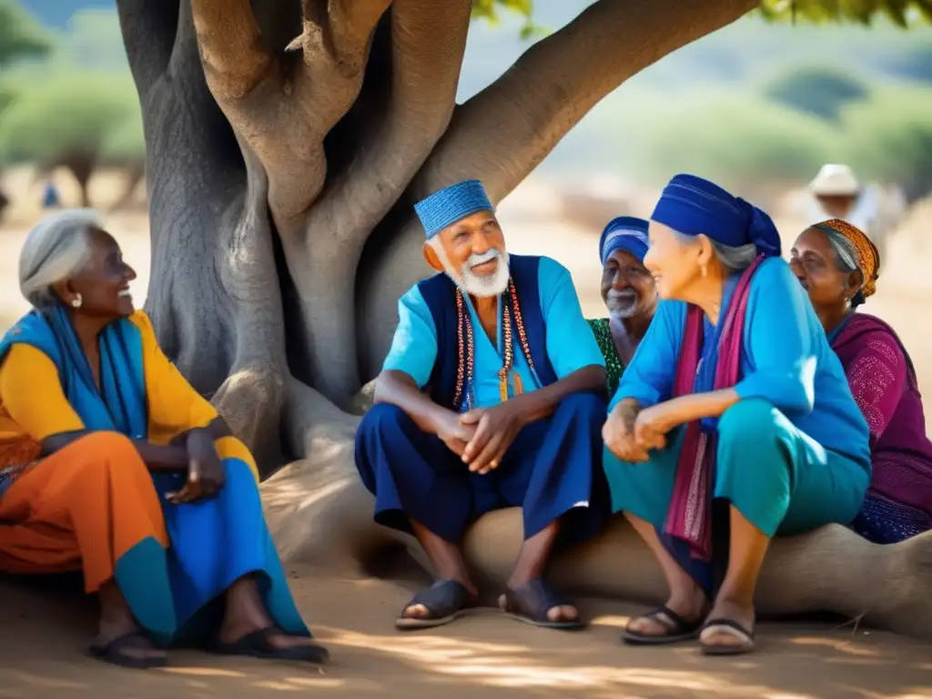 Un grupo de ancianos en una animada discusión bajo un árbol en una Zona Azul, con colores vibrantes y expresiones llenas de vitalidad. <b>Genética poblaciones centenarias zonas azules.