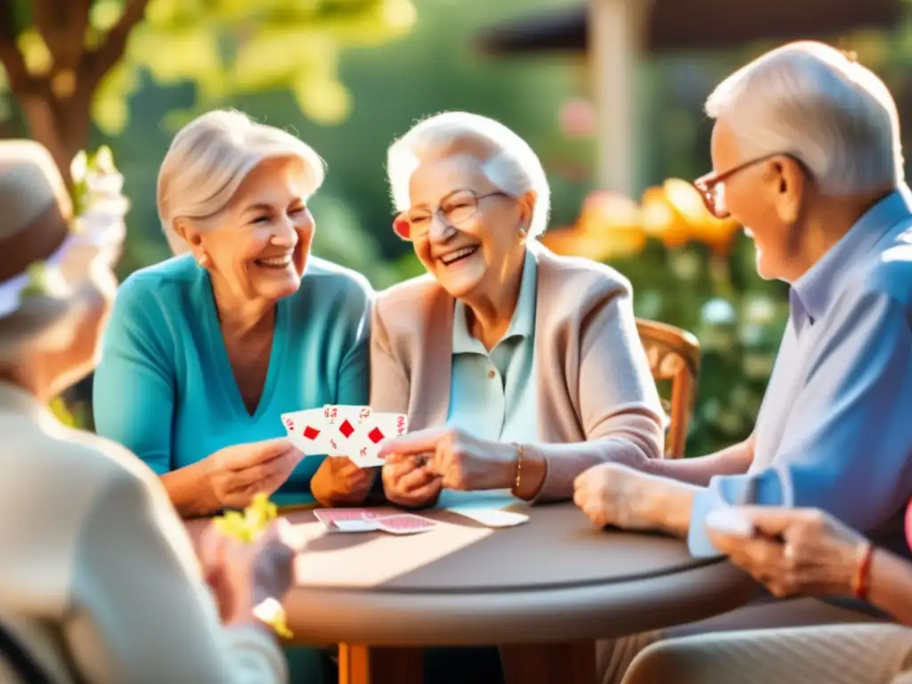 Un grupo de ancianos disfruta de un animado juego de cartas en un patio soleado, rodeado de vegetación vibrante y flores coloridas. <b>La cálida luz del sol ilumina sus rostros sonrientes, creando una atmósfera de alegría y compañerismo.</b> Captura la esencia de