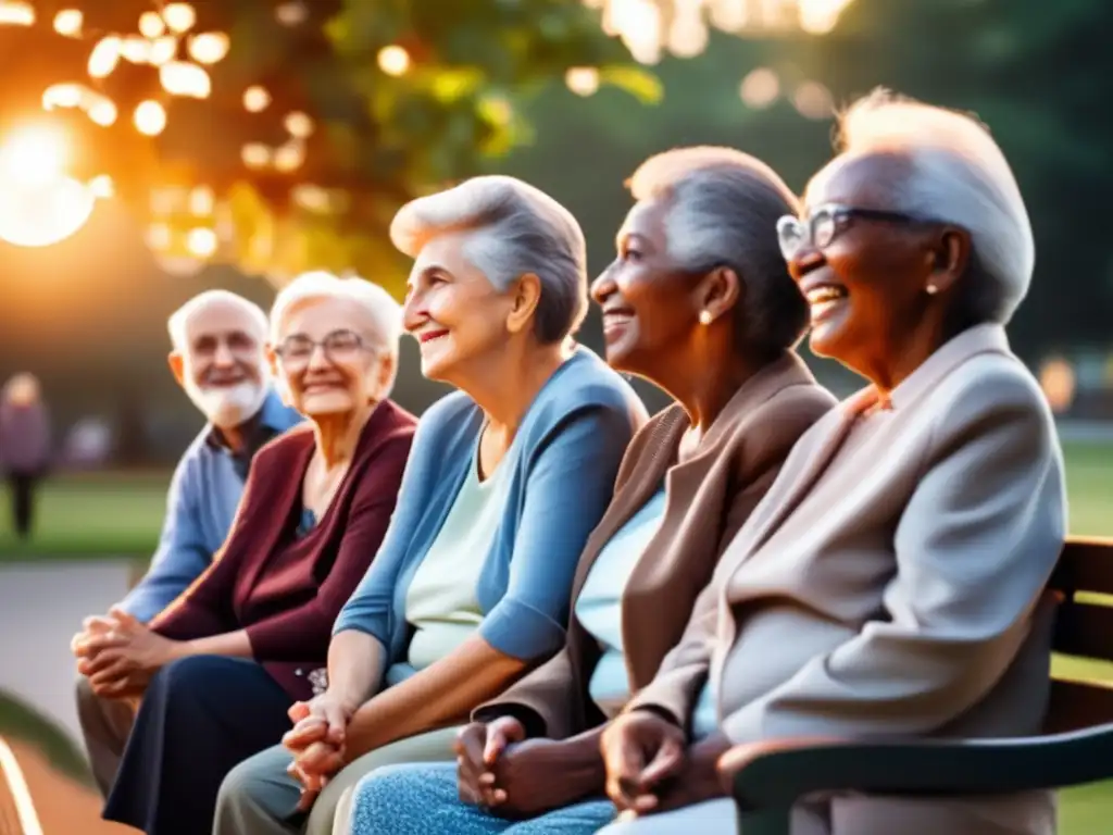 Un grupo de ancianos conversa animadamente en un banco del parque al atardecer, reflejando sabiduría, resiliencia y camaradería, capturando la esencia del análisis ético sobre exclusión social entre ancianos.