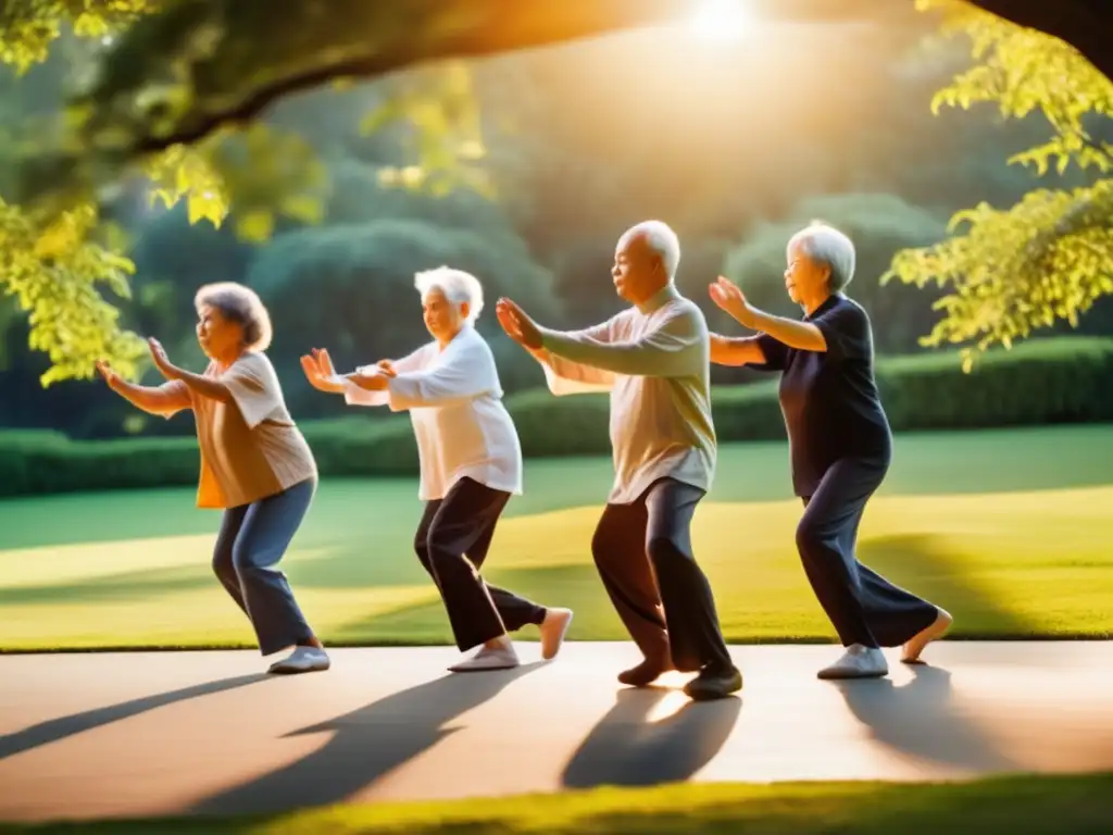 Un grupo de ancianos practicando tai chi en un parque soleado, rodeados de exuberante vegetación y una cálida luz dorada. Captura la serenidad y vitalidad, resaltando los Beneficios del sol para longevidad.