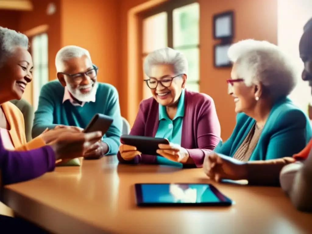 Un grupo de ancianos compartiendo experiencias frente a dispositivos tecnológicos, simbolizando la longevidad humana en la sociedad moderna.