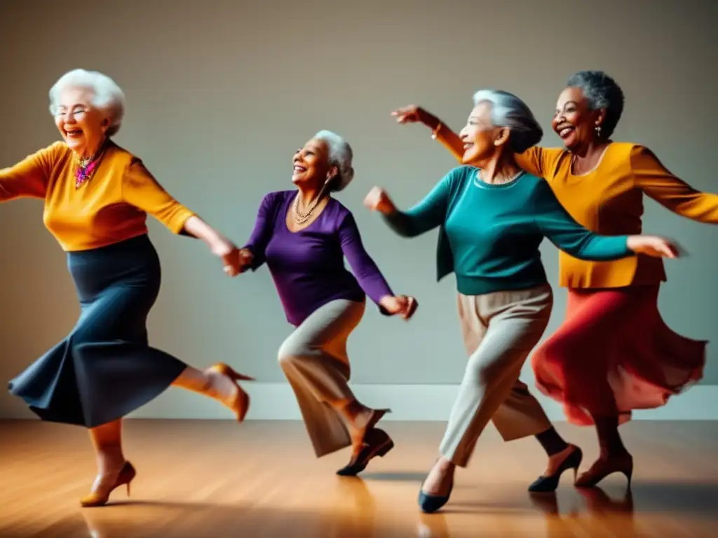 Un grupo de ancianos bailando con gracia en un estudio iluminado, disfrutando de la vitalidad y la energía. <b>Ejercicios de baile para longevidad.