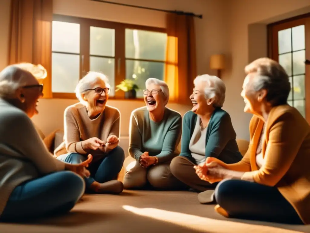 'Grupo de ancianos disfrutando de un juego de charadas, demostrando la importancia del humor en la longevidad con risas sinceras y camaradería.'