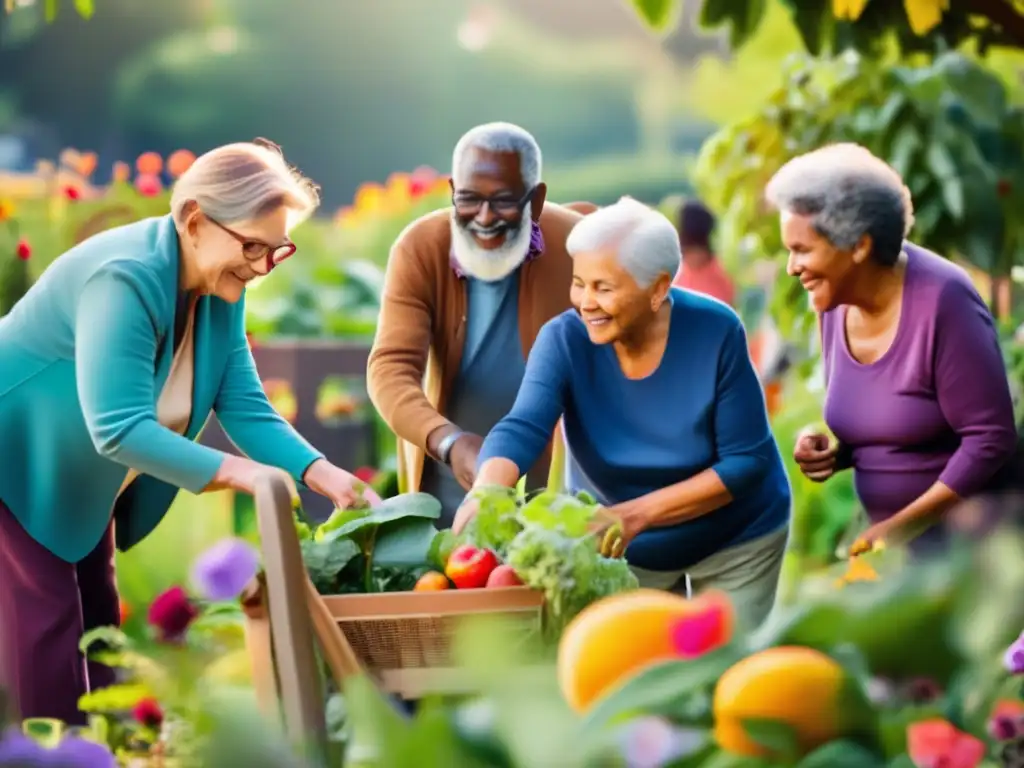 Un grupo de ancianos trabajando juntos en un jardín comunitario, rodeados de vegetación vibrante y flores coloridas. El sol irradia una cálida luz sobre la escena, y el jardín está lleno de una variedad de frutas y verduras, mostrando un enfoque sostenible