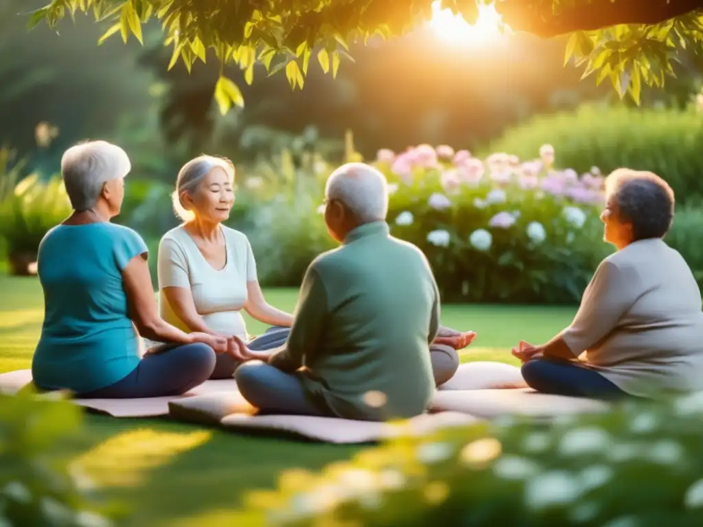 Un grupo de ancianos practica mindfulness para longevidad saludable en un jardín tranquilo al atardecer, creando una atmósfera de paz y serenidad.