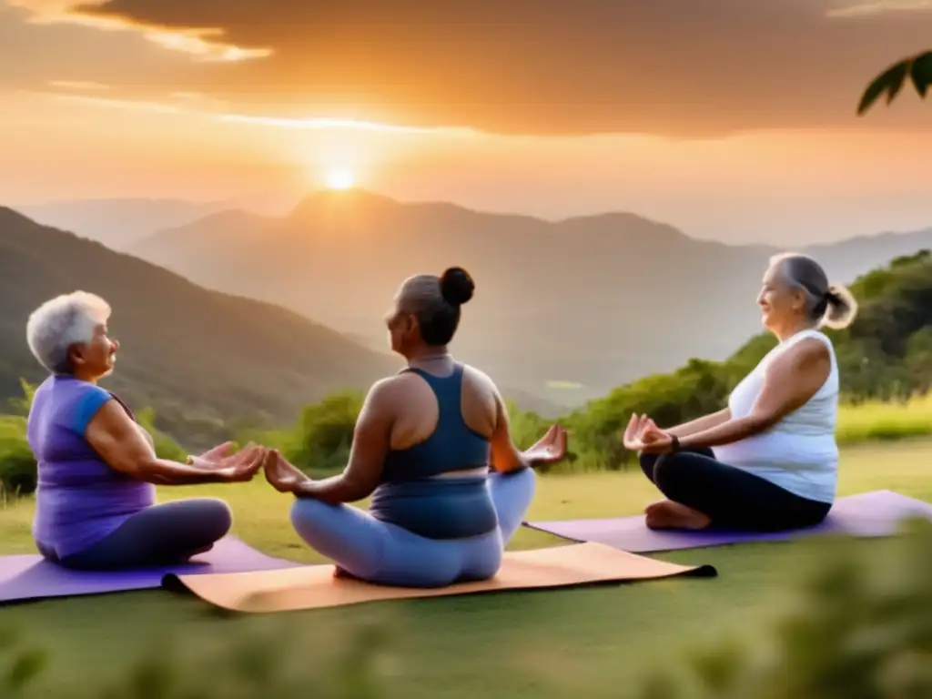 Un grupo de ancianos practica yoga en una montaña al atardecer, irradiando vitalidad y bienestar. Investigación actual sobre longevidad humana.