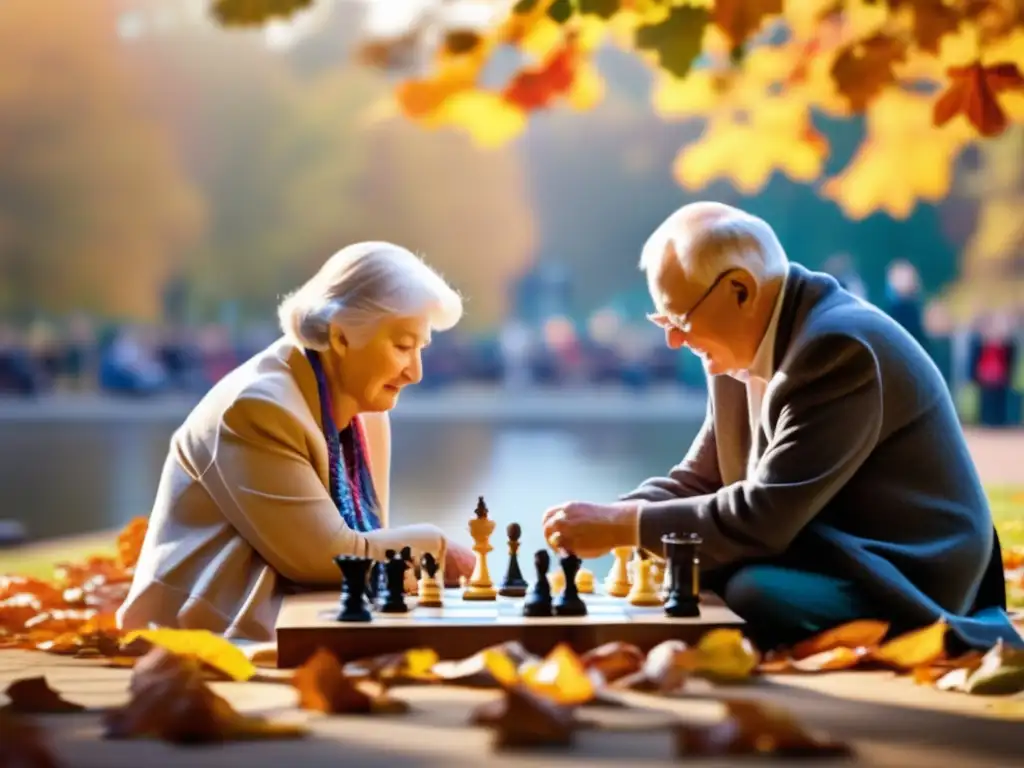 Un grupo de ancianos disfruta de una partida de ajedrez en un parque soleado, rodeado de hojas otoñales. <b>La luz dorada filtra entre los árboles, creando un ambiente tranquilo y reflexivo.</b> Las piezas de ajedrez están dispuestas con cuidado, mostrando la concentración y